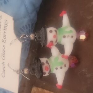 Blown Glass Snowman Earrings Czech Glass
